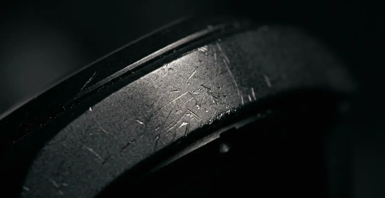 Détail macro d'une montre en céramique noire montrant des rayures superficielles sous lumière rasante