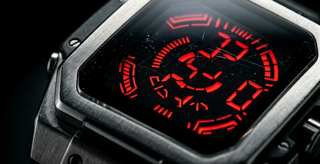 Gros plan sur une montre digitale de luxe avec affichage LED rouge sur fond noir minimaliste