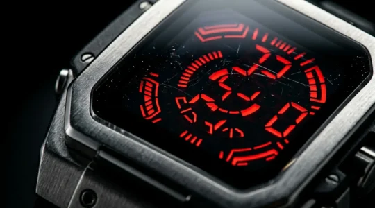 Gros plan sur une montre digitale de luxe avec affichage LED rouge sur fond noir minimaliste
