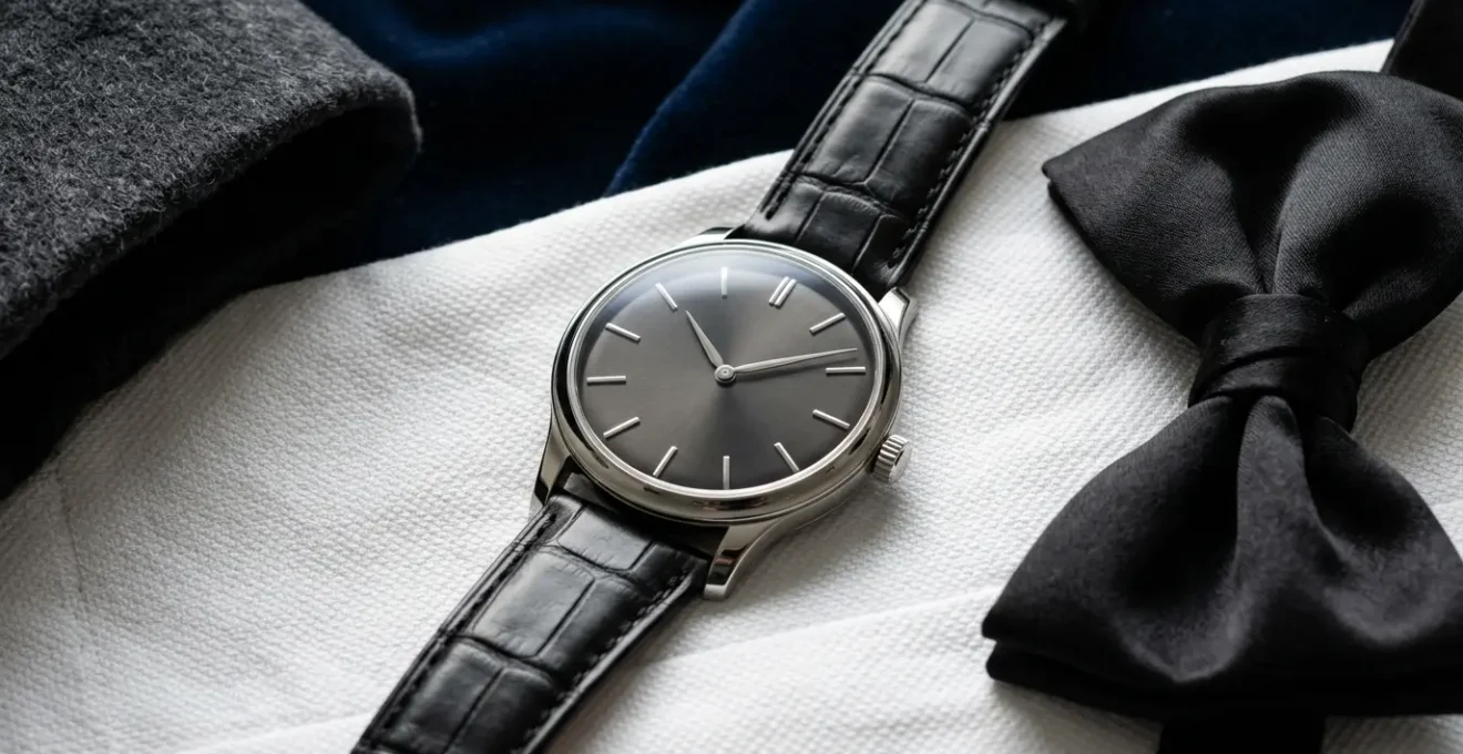 Une montre élégante posée sur un plastron de chemise blanche plissée avec nœud papillon noir