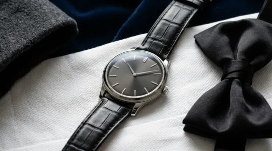 Une montre élégante posée sur un plastron de chemise blanche plissée avec nœud papillon noir