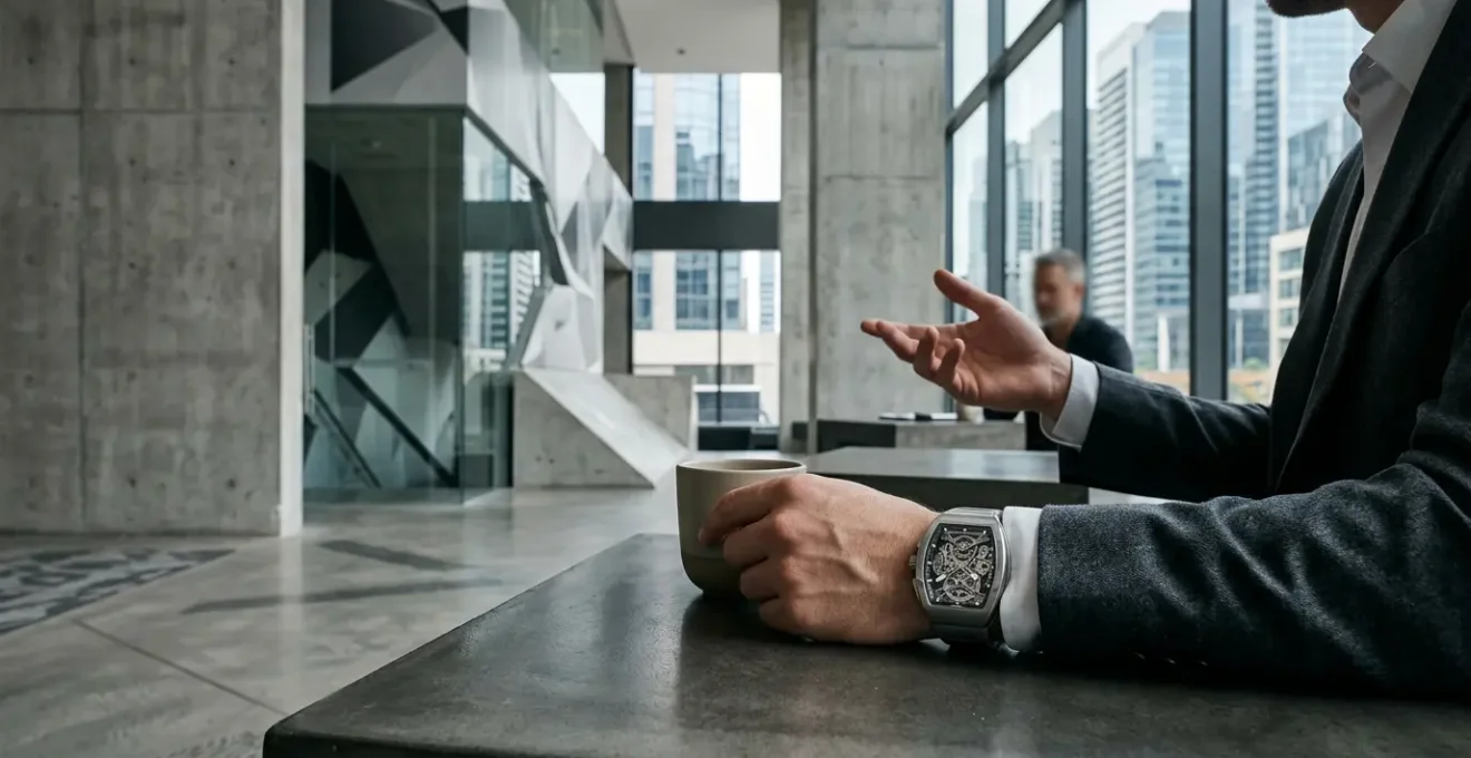 Montre au design futuriste type Richard Mille portée dans un contexte urbain contemporain