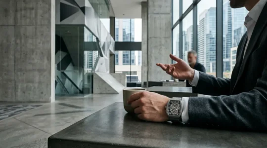 Montre au design futuriste type Richard Mille portée dans un contexte urbain contemporain