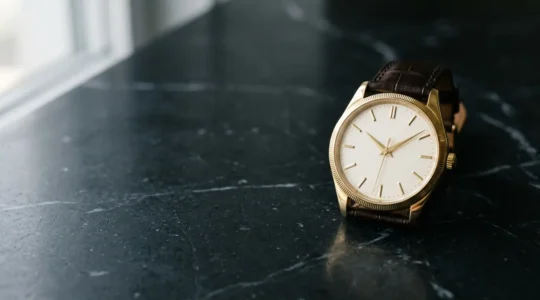 Montre trois aiguilles en or posée sur surface de marbre sombre, éclairage doux latéral