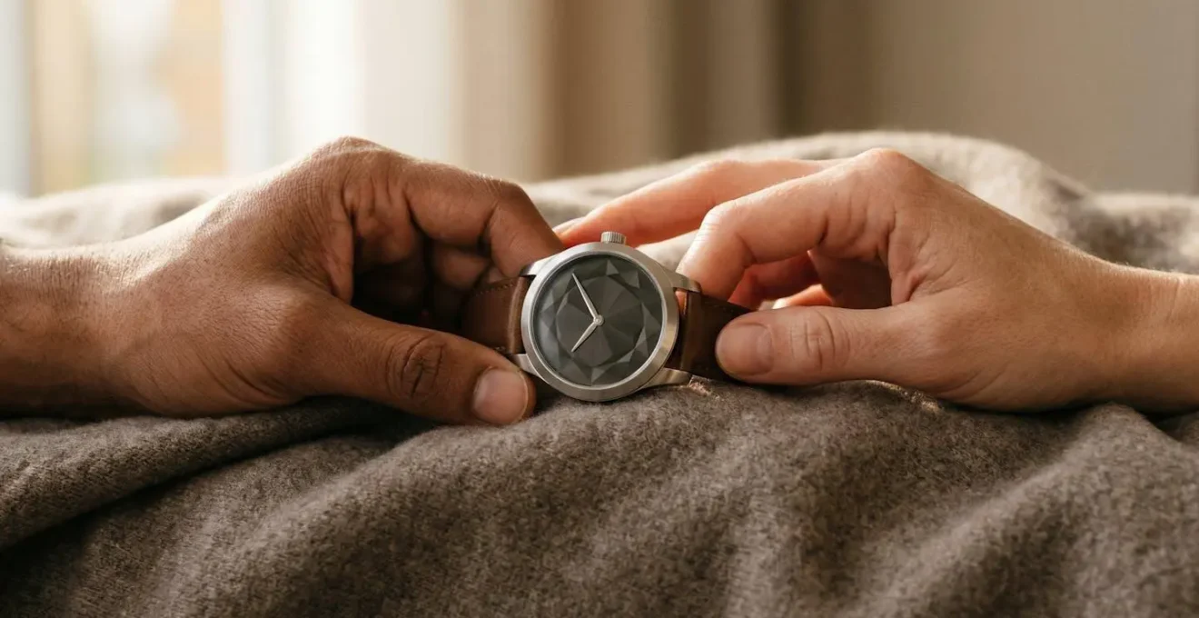 Montre de luxe posée entre deux mains entrelacées sur surface élégante
