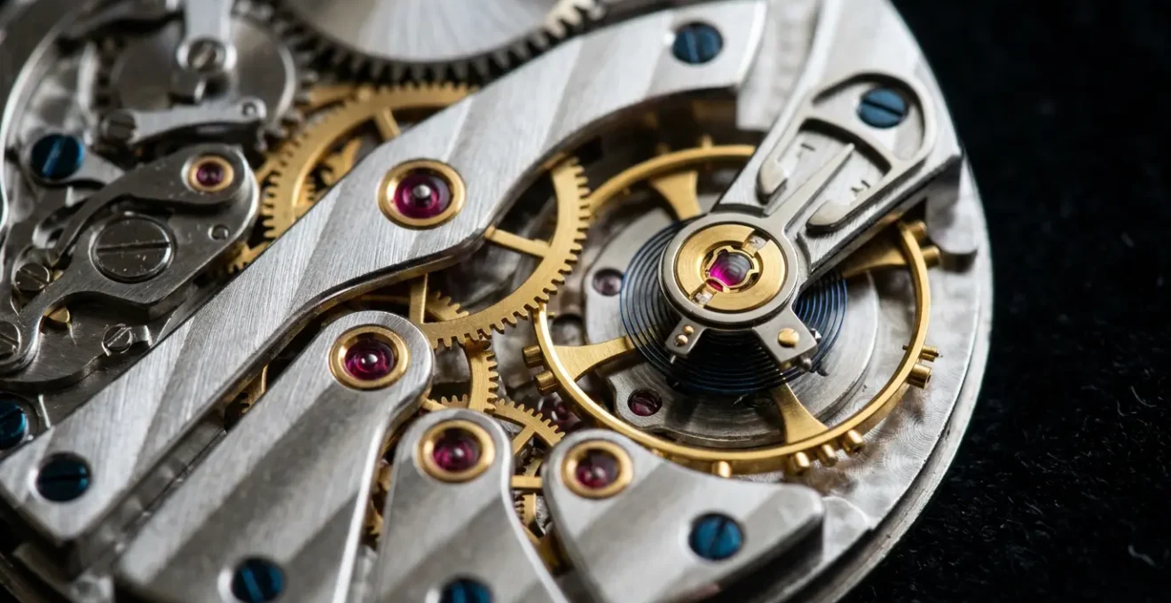 Vue macro de l'intérieur d'un mouvement manufacture d'horlogerie avec ses composants en métal précieux et spiral visible