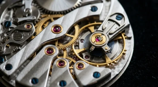 Vue macro de l'intérieur d'un mouvement manufacture d'horlogerie avec ses composants en métal précieux et spiral visible