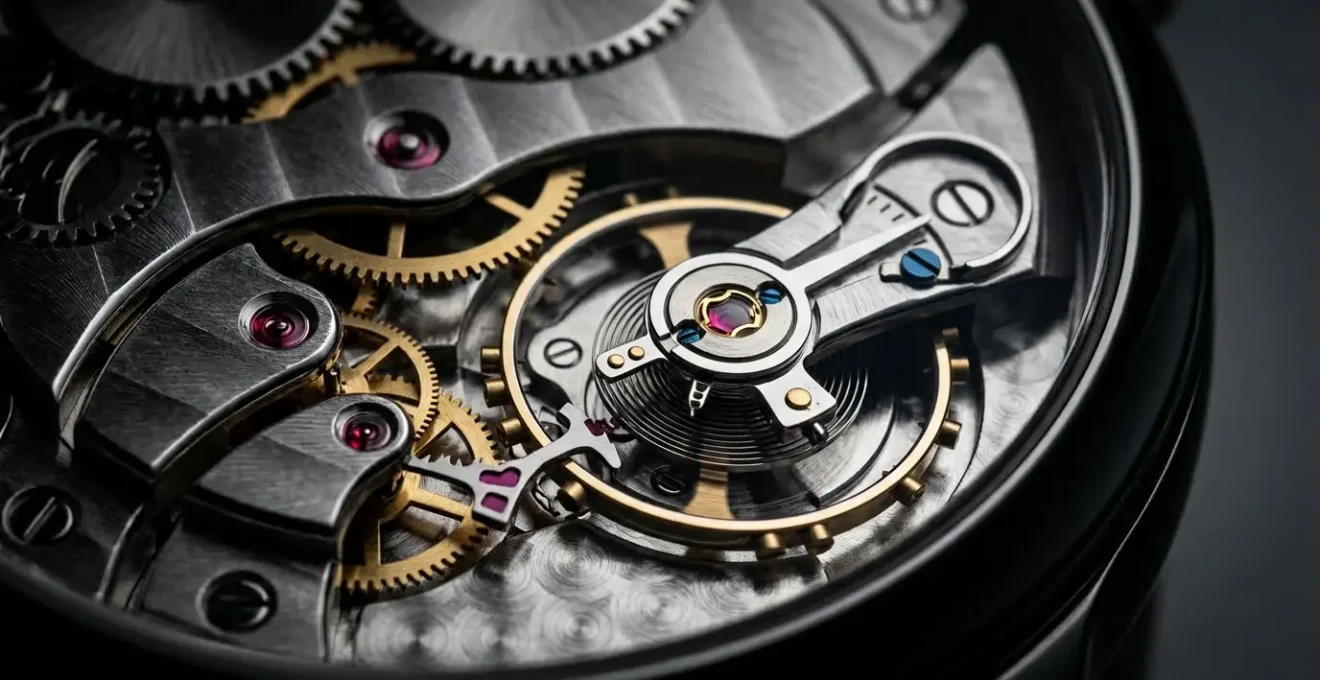 Vue macro d'un mouvement horloger mécanique démonté montrant les rouages et le spiral