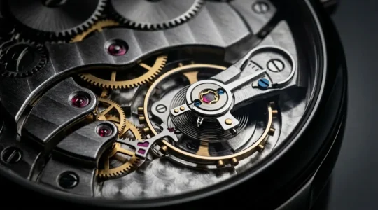 Vue macro d'un mouvement horloger mécanique démonté montrant les rouages et le spiral