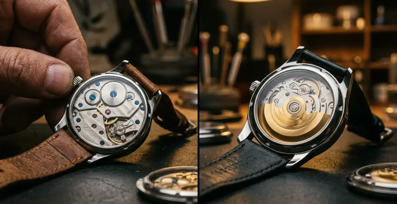 Gros plan sur deux montres mécaniques côte à côte, une avec rotor visible et l'autre avec mouvement manuel, dans un environnement d'atelier d'horlogerie