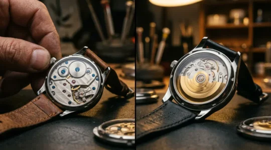 Gros plan sur deux montres mécaniques côte à côte, une avec rotor visible et l'autre avec mouvement manuel, dans un environnement d'atelier d'horlogerie