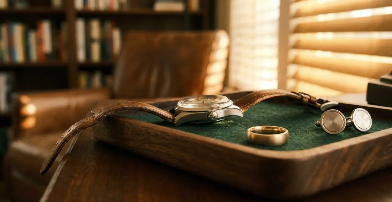 Montre de luxe posée élégamment sur un valet de bureau en bois noble, lumière de fin d'après-midi