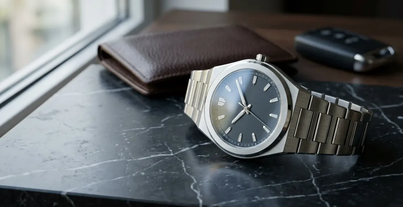 Une montre sport-chic en acier sur un bureau moderne avec accessoires élégants