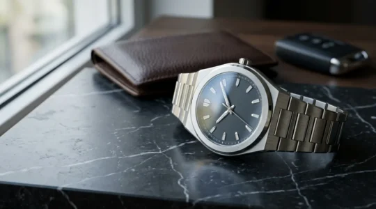 Une montre sport-chic en acier sur un bureau moderne avec accessoires élégants