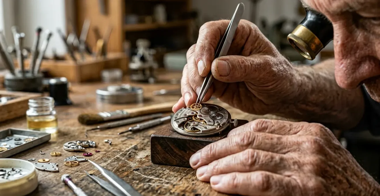 Gros plan sur les mains d'un horloger assemblant minutieusement le mouvement d'une montre de luxe dans un atelier suisse traditionnel