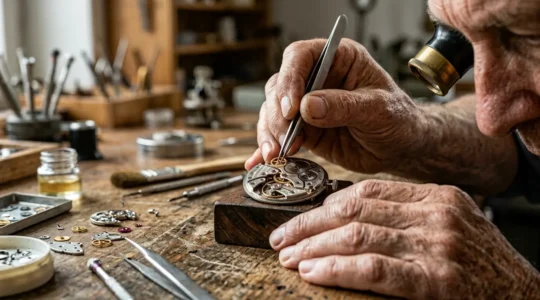 Gros plan sur les mains d'un horloger assemblant minutieusement le mouvement d'une montre de luxe dans un atelier suisse traditionnel