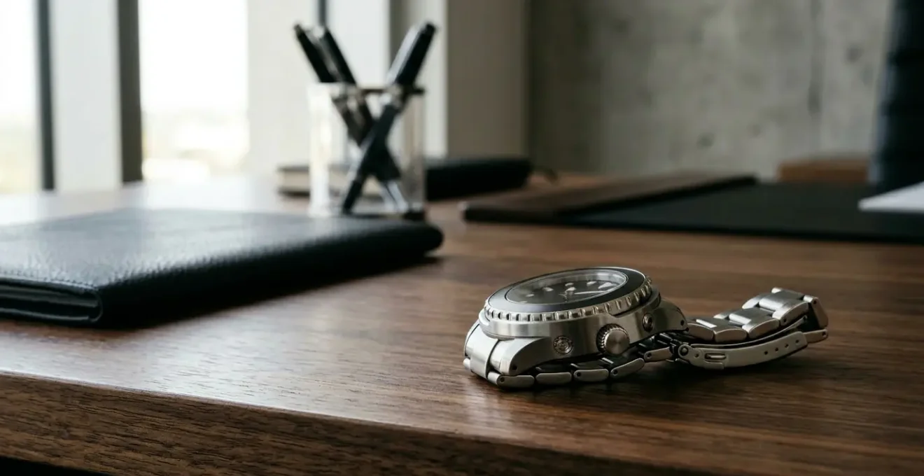 Une montre de plongée de luxe avec valve à hélium posée sur un bureau en bois noble, éclairage naturel latéral