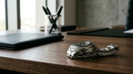 Une montre de plongée de luxe avec valve à hélium posée sur un bureau en bois noble, éclairage naturel latéral