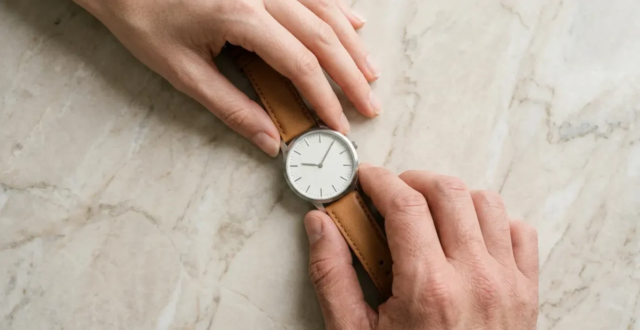 Couple moderne partageant une montre élégante sur fond minimaliste