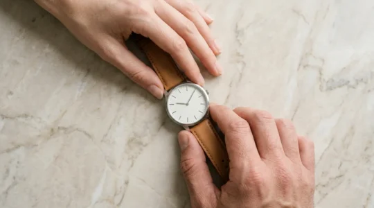 Couple moderne partageant une montre élégante sur fond minimaliste