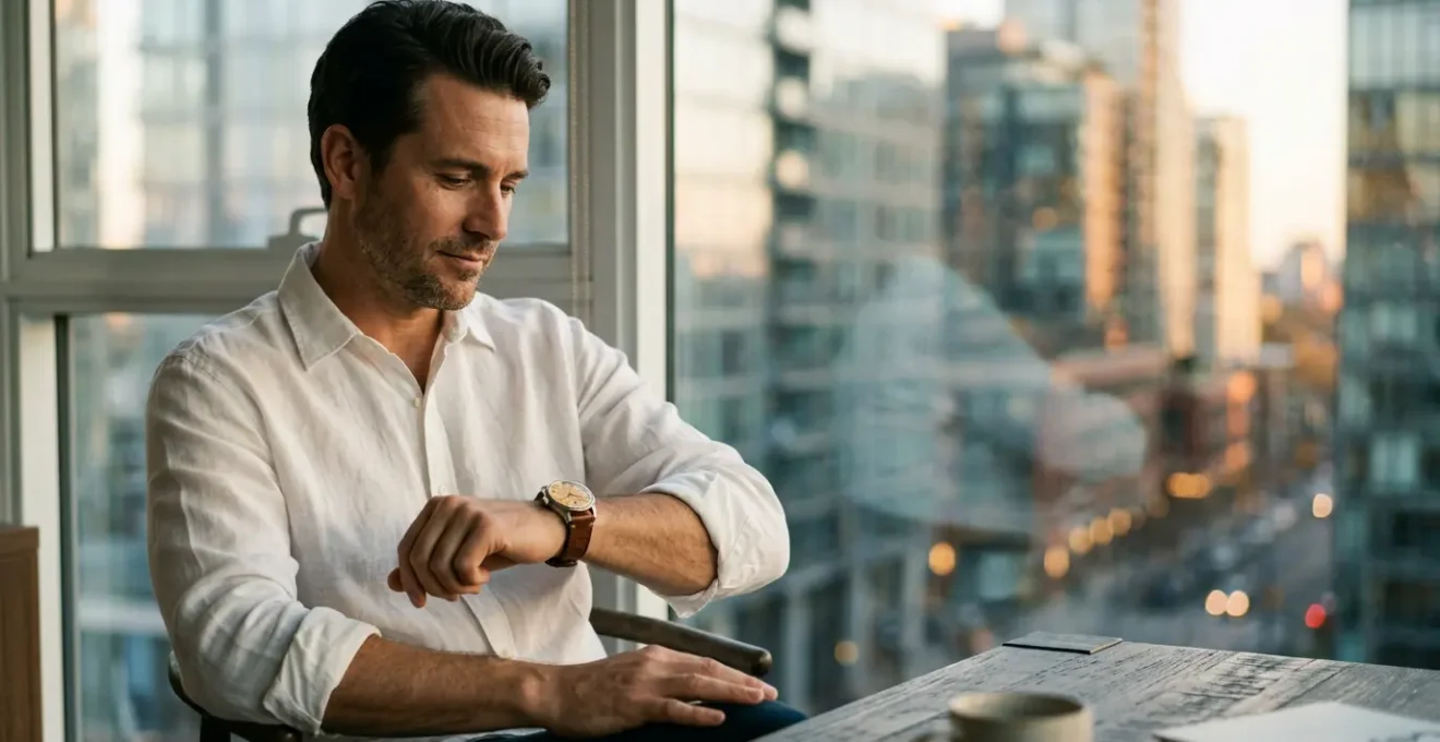 Homme élégant portant une montre vintage réédition dans un environnement urbain contemporain