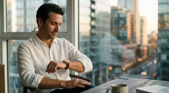 Homme élégant portant une montre vintage réédition dans un environnement urbain contemporain