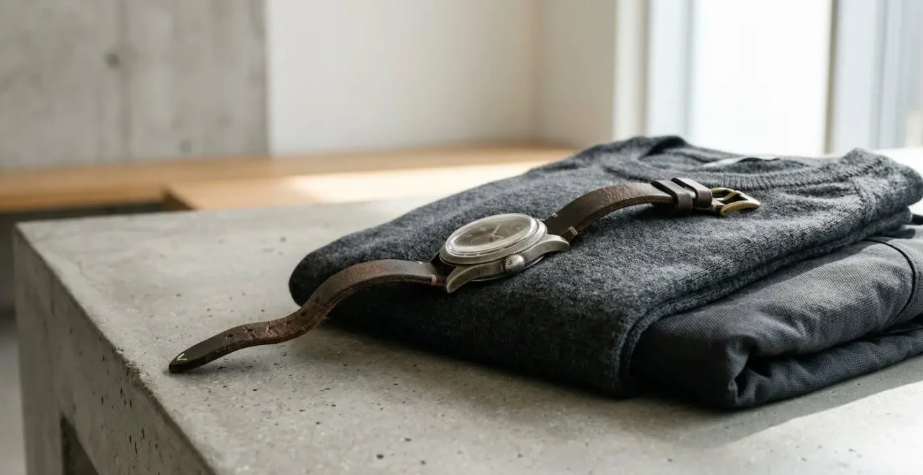 Mise en scène minimaliste d'une montre vintage portée avec des vêtements contemporains