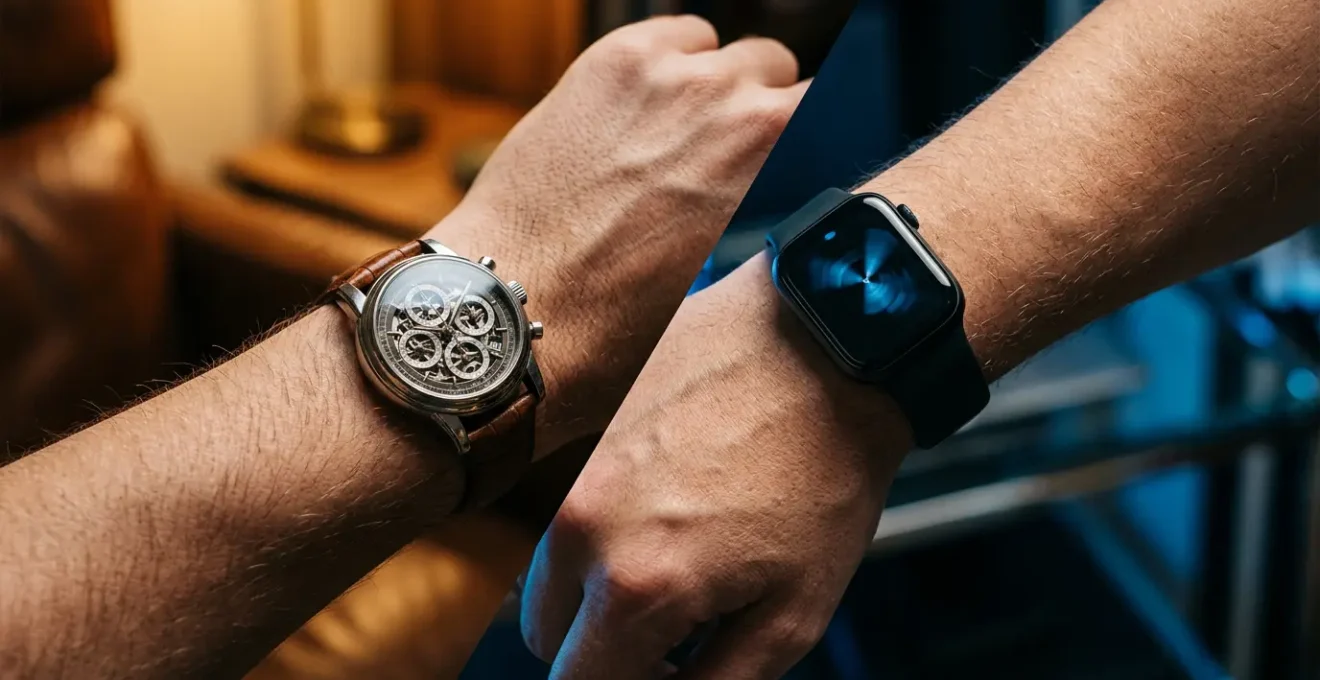 Un poignet élégant présentant deux montres, une montre mécanique de luxe et une smartwatch moderne, symbolisant le dilemme contemporain de l'horlogerie