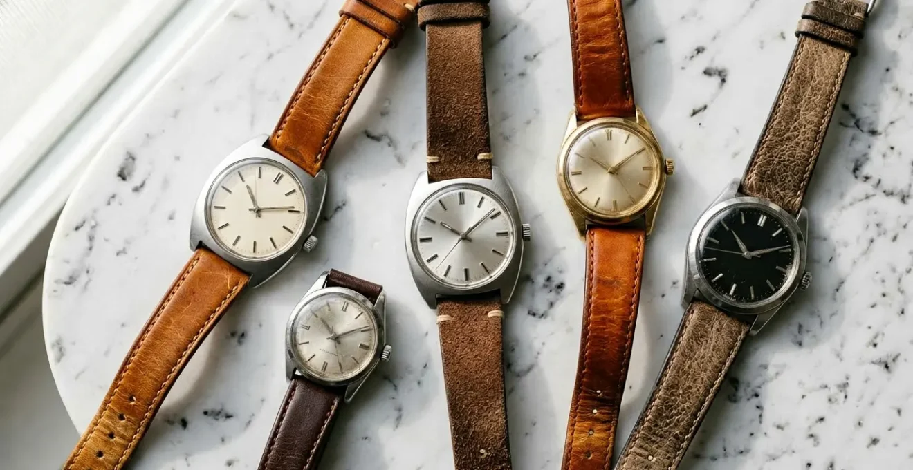Composition épurée montrant plusieurs montres vintage de petite taille disposées de manière artistique sur une surface minimaliste