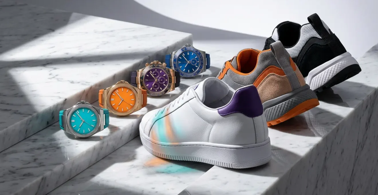 Collaboration entre l'horlogerie et la culture streetwear hypebeast avec des montres colorées exposées sur des sneakers de collection