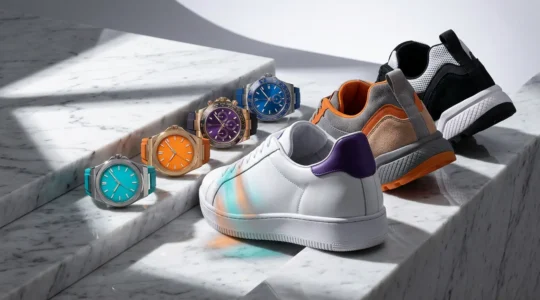 Collaboration entre l'horlogerie et la culture streetwear hypebeast avec des montres colorées exposées sur des sneakers de collection