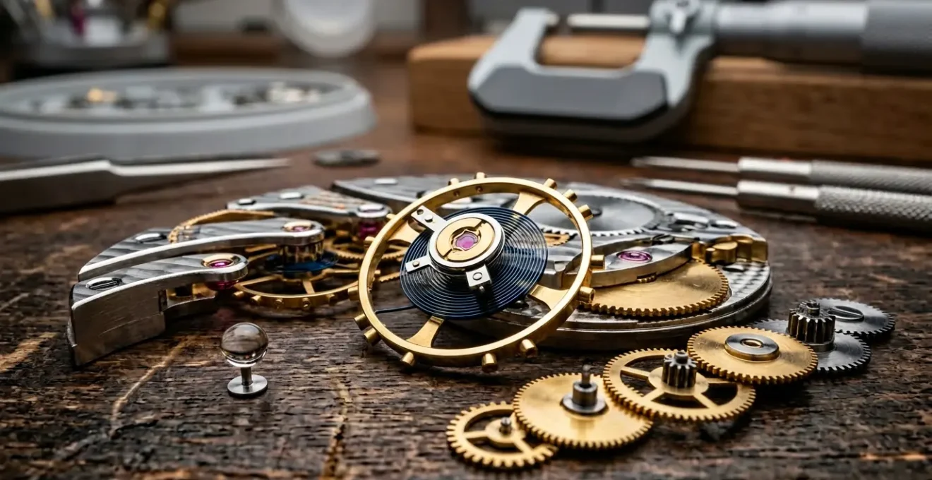 Mécanisme d'horlogerie haute précision avec roues d'engrenage et spiral sous microscope