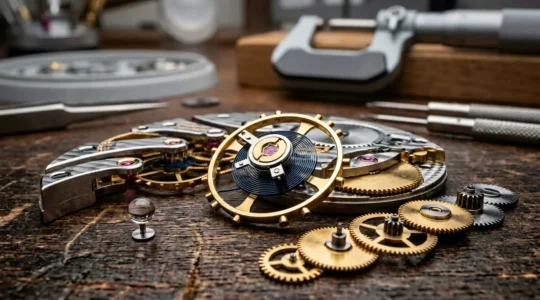Mécanisme d'horlogerie haute précision avec roues d'engrenage et spiral sous microscope