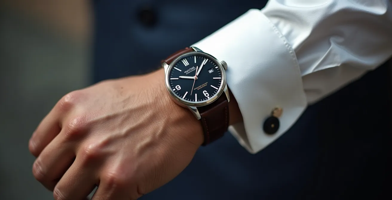 Gros plan sur un poignet montrant le glissement naturel d'une montre sous une manchette de chemise