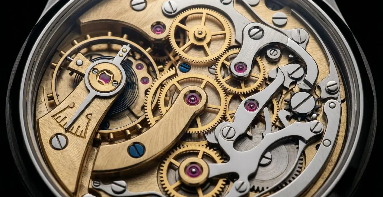 Gros plan macro sur le mouvement mécanique d'une Omega Speedmaster avec ses composants dorés visibles