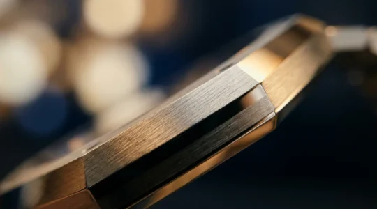 Détail ultra macro d'un hublot octogonal évoquant la Nautilus, avec reflets dorés sur surface brossée et bokeh lumineux