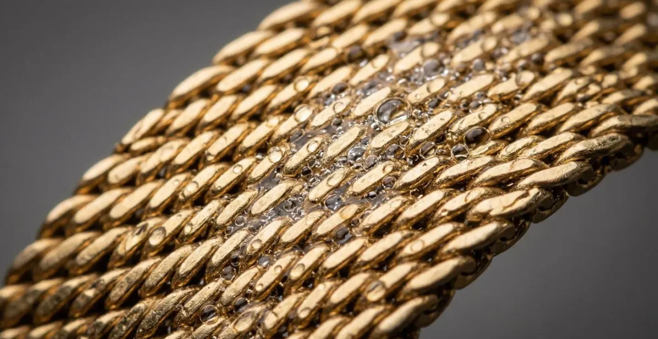 Vue macro détaillée d'un bracelet en maille milanaise pendant le nettoyage