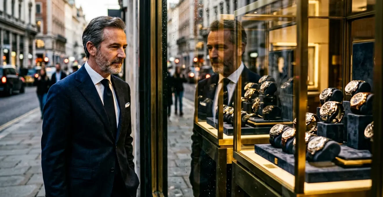 Passionné de montres examinant une vitrine de boutique horlogère de luxe