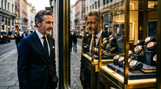 Passionné de montres examinant une vitrine de boutique horlogère de luxe