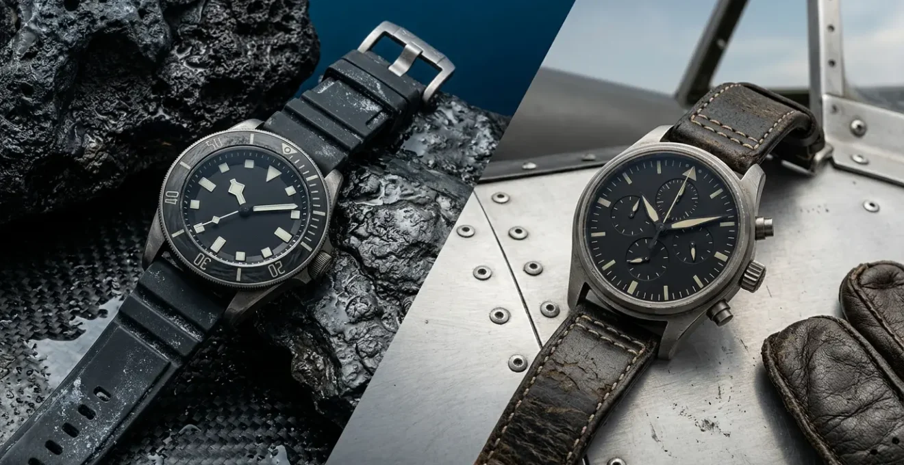 Comparaison visuelle entre deux montres sport de luxe avec environnement de haute performance