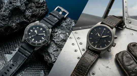 Comparaison visuelle entre deux montres sport de luxe avec environnement de haute performance
