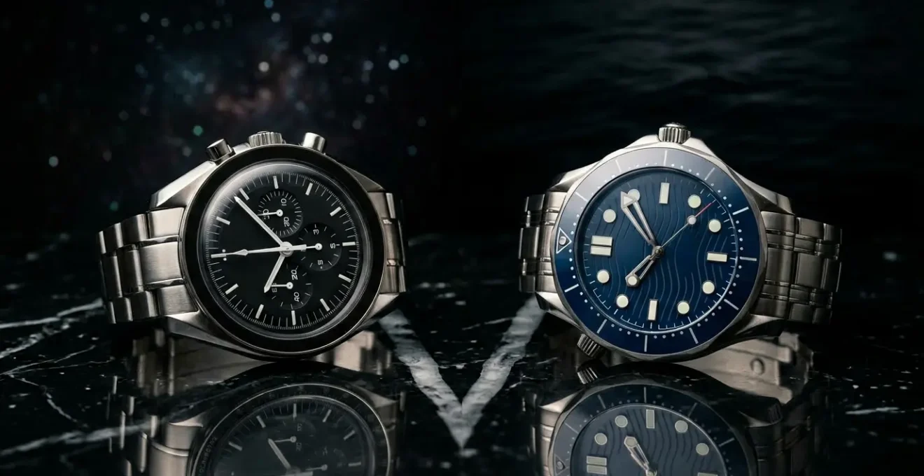 Deux montres Omega iconiques côte à côte sur une surface de marbre noir, éclairées par une lumière douce