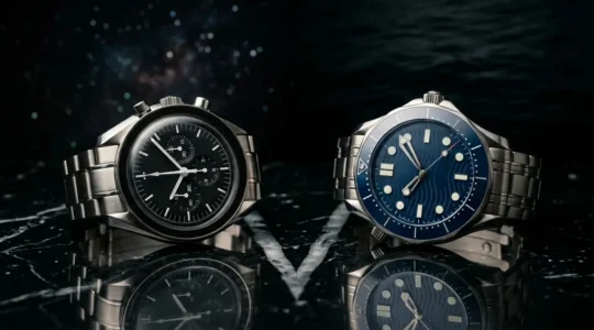 Deux montres Omega iconiques côte à côte sur une surface de marbre noir, éclairées par une lumière douce