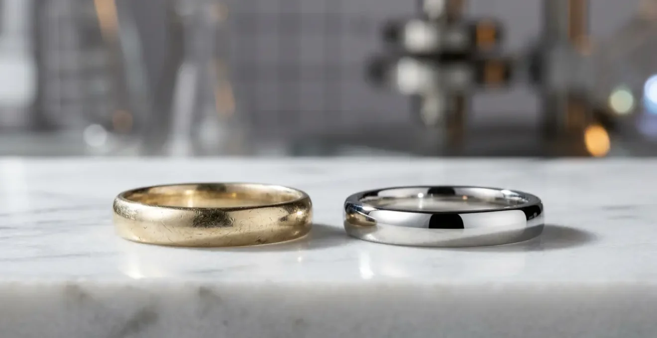 Comparaison visuelle des alliages d'or blanc et d'or gris palladié montrant leurs différences de teinte et de brillance