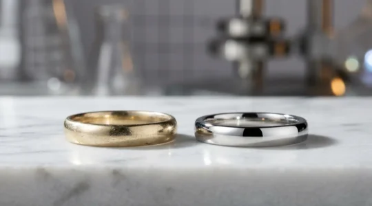 Comparaison visuelle des alliages d'or blanc et d'or gris palladié montrant leurs différences de teinte et de brillance