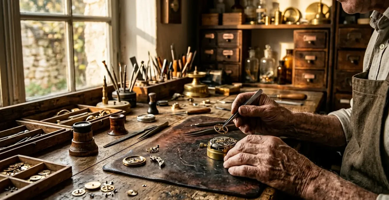 Maître horloger travaillant sur mouvement haute horlogerie dans atelier traditionnel