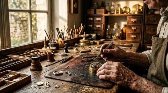 Maître horloger travaillant sur mouvement haute horlogerie dans atelier traditionnel