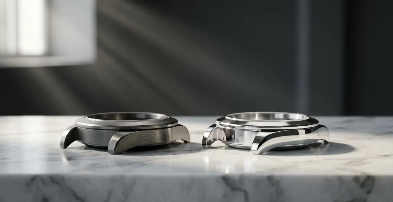 Comparaison visuelle entre une montre en platine et une montre en or gris dans un environnement luxueux minimaliste