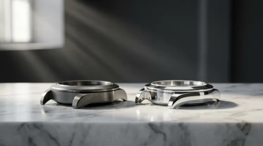 Comparaison visuelle entre une montre en platine et une montre en or gris dans un environnement luxueux minimaliste