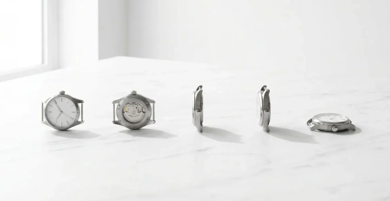 Montage photographique montrant une montre dans cinq positions différentes avec effet sur le balancier visible